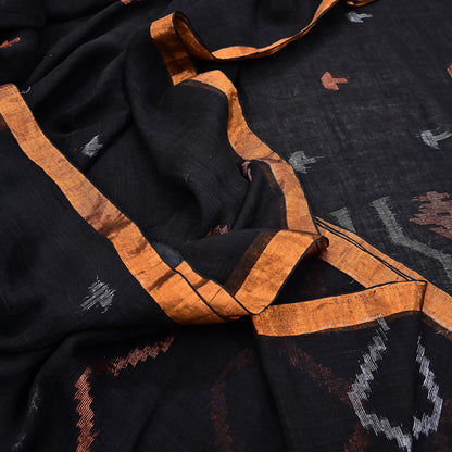 Indian Vintage Sari Black Pure Cotton Hand Woven Sarees Craft Fabric 5yd Ethnic Floral Crafting Upcycle Quilting Dress Making fringes