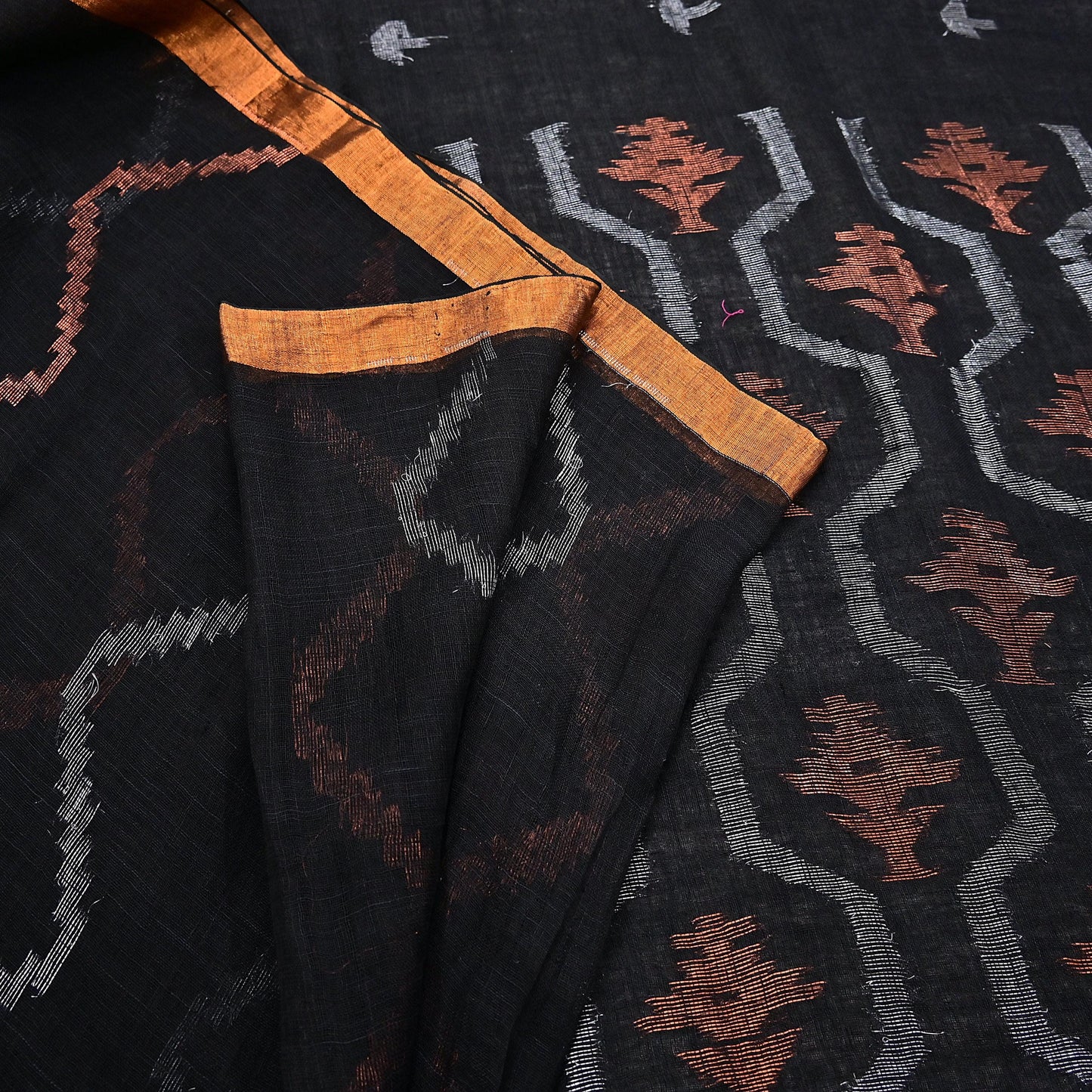 Indian Vintage Sari Black Pure Cotton Hand Woven Sarees Craft Fabric 5yd Ethnic Floral Crafting Upcycle Quilting Dress Making fringes