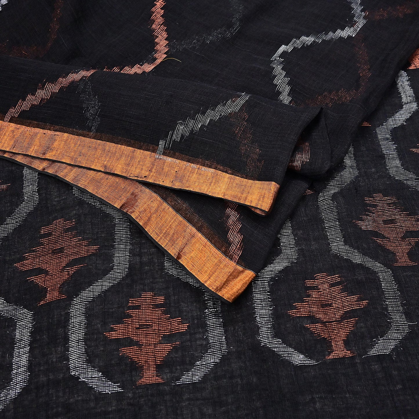 Indian Vintage Sari Black Pure Cotton Hand Woven Sarees Craft Fabric 5yd Ethnic Floral Crafting Upcycle Quilting Dress Making fringes