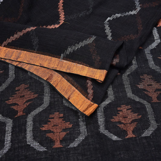 Indian Vintage Sari Black Pure Cotton Hand Woven Sarees Craft Fabric 5yd Ethnic Floral Crafting Upcycle Quilting Dress Making fringes