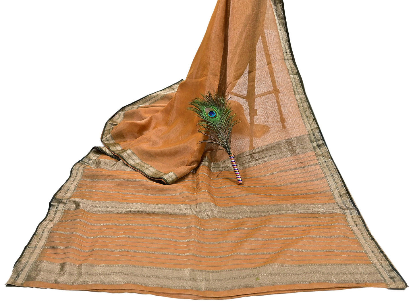 Indian Vintage Sari Saffron Pure Silk Hand Woven Sarees Craft Fabric 5Yd Floral Soft Golden Zari Bollywood Sarees Crafting Upcycle