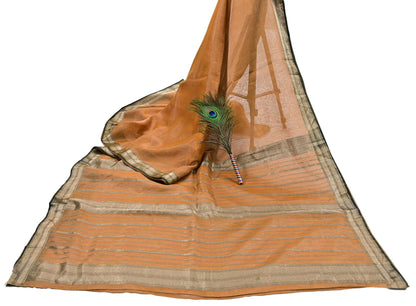 Indian Vintage Sari Saffron Pure Silk Hand Woven Sarees Craft Fabric 5Yd Floral Soft Golden Zari Bollywood Sarees Crafting Upcycle