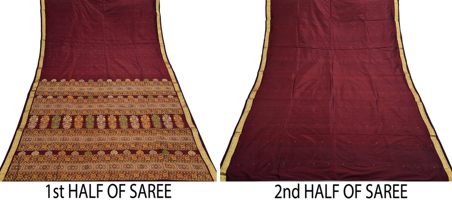 Indian Vintage Heavy Sari Maroon Kanjivaram Saree 100% Pure Silk Zari 5Yd Crafting Dress making For Crafting Quilting Upcycle