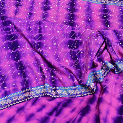 Indian Vintage Saree Purple & Peach Pure Crepe Silk Hand Embroidered Tie-Dye Sari Fabric 5yard Sewing Craft Fabric Ethnic Dressmaking