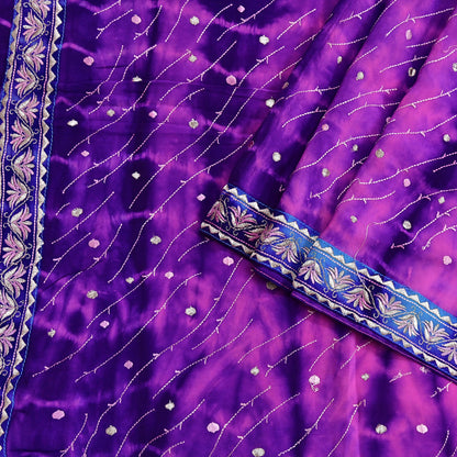 Indian Vintage Saree Purple & Peach Pure Crepe Silk Hand Embroidered Tie-Dye Sari Fabric 5yard Sewing Craft Fabric Ethnic Dressmaking