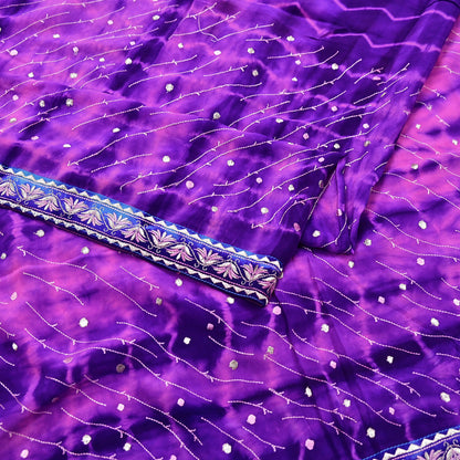 Indian Vintage Saree Purple & Peach Pure Crepe Silk Hand Embroidered Tie-Dye Sari Fabric 5yard Sewing Craft Fabric Ethnic Dressmaking