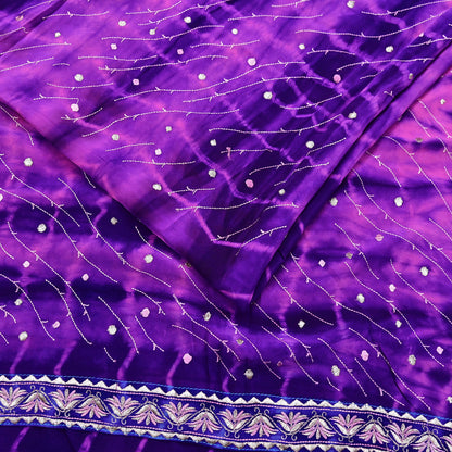 Indian Vintage Saree Purple & Peach Pure Crepe Silk Hand Embroidered Tie-Dye Sari Fabric 5yard Sewing Craft Fabric Ethnic Dressmaking