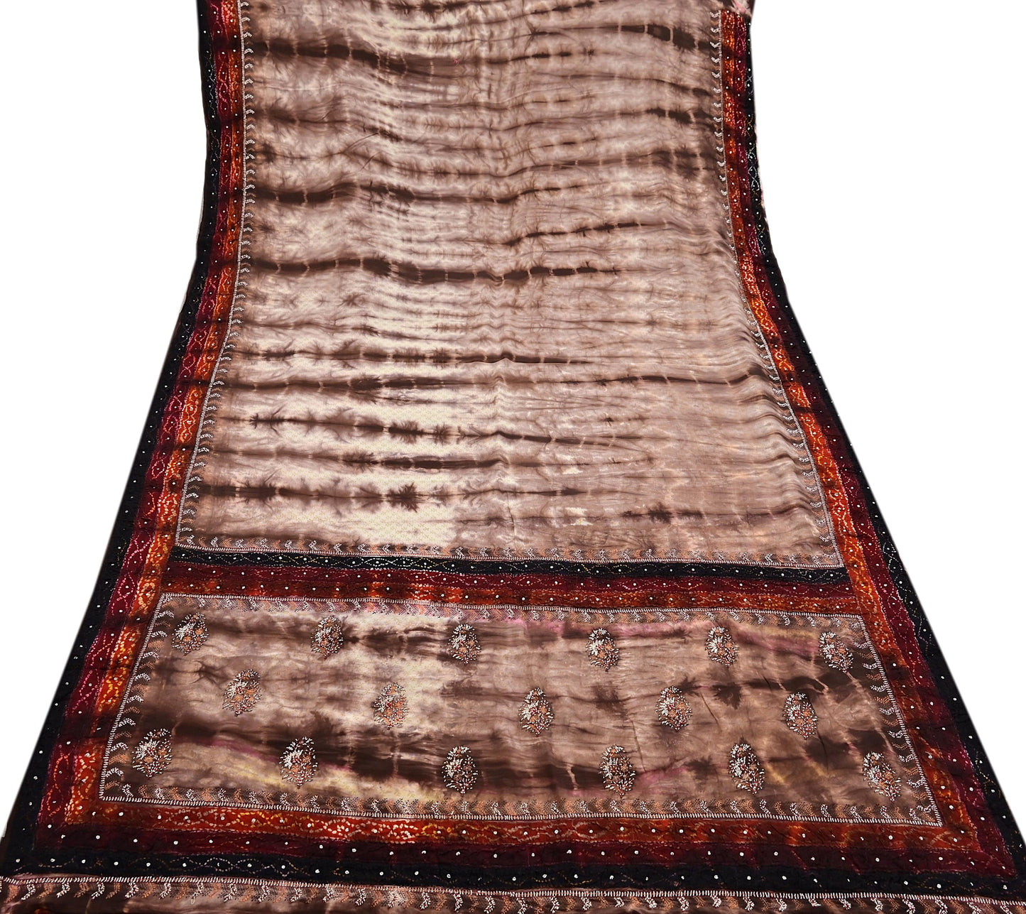 Indian Vintage Saree Pure Crepe Silk Hand Embroidered Tie-Dye Sari Fabric 5yard Sewing Craft Fabric Ethnic Dressmaking Crafting Zardozi Zari
