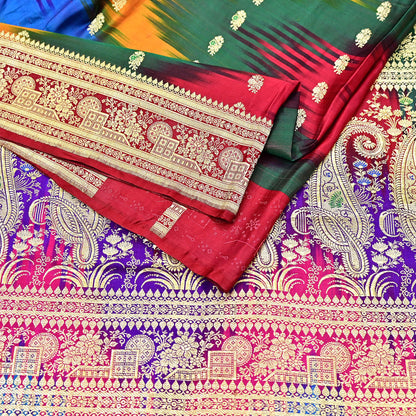 Indian Vintage Multi Heavy Wedding Saree Pure Satin Silk Woven Brocade Banarasi Sarees Sari Fabric Golden Zari 5Yd