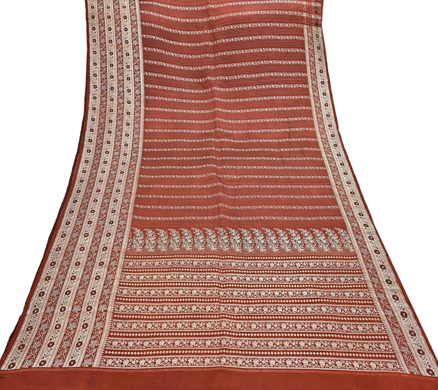 Vintage Rusty Orange Banarasi Silk Saree Pure Satin Silk Hand woven Brocade Fabric with Floral Weave 5 Yard Dressmaking Craft Material