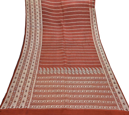 Vintage Rusty Orange Banarasi Silk Saree Pure Satin Silk Hand woven Brocade Fabric with Floral Weave 5 Yard Dressmaking Craft Material