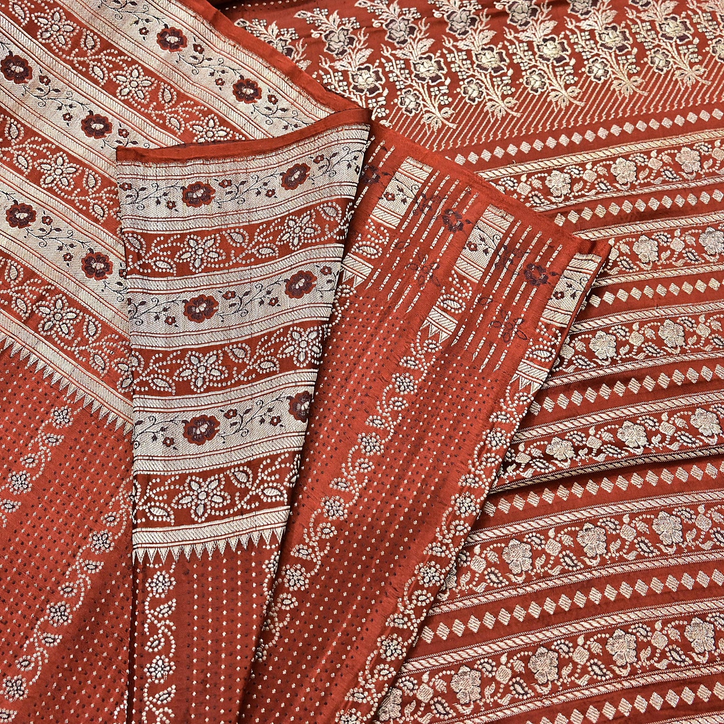 Vintage Rusty Orange Banarasi Silk Saree Pure Satin Silk Hand woven Brocade Fabric with Floral Weave 5 Yard Dressmaking Craft Material