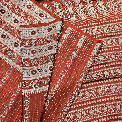 Vintage Rusty Orange Banarasi Silk Saree Pure Satin Silk Hand woven Brocade Fabric with Floral Weave 5 Yard Dressmaking Craft Material