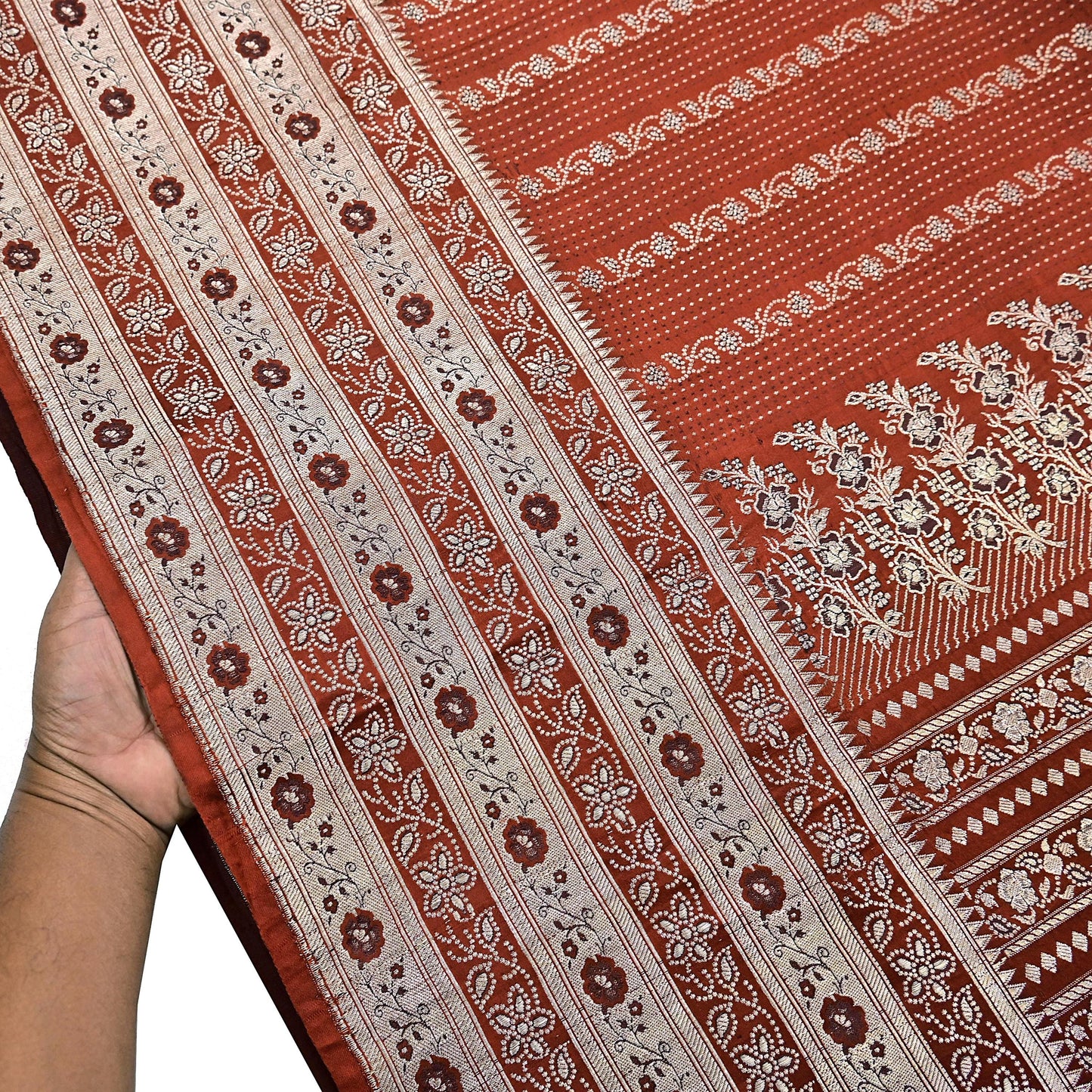 Vintage Rusty Orange Banarasi Silk Saree Pure Satin Silk Hand woven Brocade Fabric with Floral Weave 5 Yard Dressmaking Craft Material