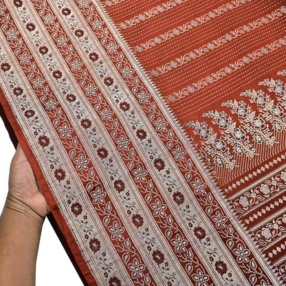 Vintage Rusty Orange Banarasi Silk Saree Pure Satin Silk Hand woven Brocade Fabric with Floral Weave 5 Yard Dressmaking Craft Material