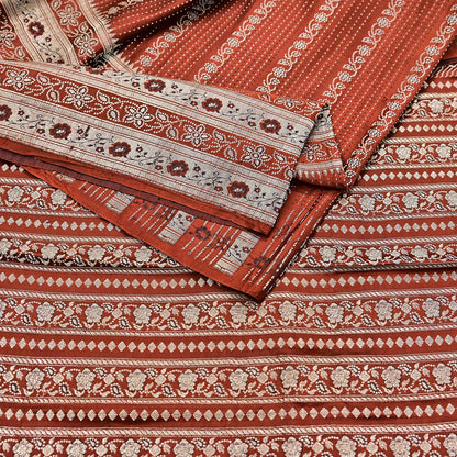 Vintage Rusty Orange Banarasi Silk Saree Pure Satin Silk Hand woven Brocade Fabric with Floral Weave 5 Yard Dressmaking Craft Material