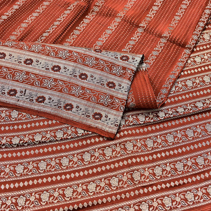 Vintage Rusty Orange Banarasi Silk Saree Pure Satin Silk Hand woven Brocade Fabric with Floral Weave 5 Yard Dressmaking Craft Material