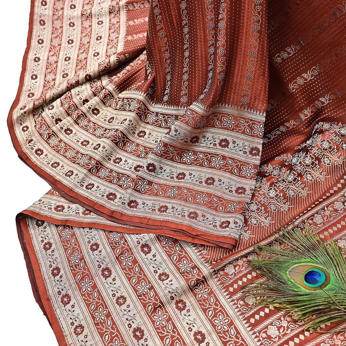 Vintage Rusty Orange Banarasi Silk Saree Pure Satin Silk Hand woven Brocade Fabric with Floral Weave 5 Yard Dressmaking Craft Material