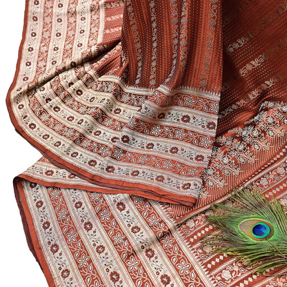 Vintage Rusty Orange Banarasi Silk Saree Pure Satin Silk Hand woven Brocade Fabric with Floral Weave 5 Yard Dressmaking Craft Material