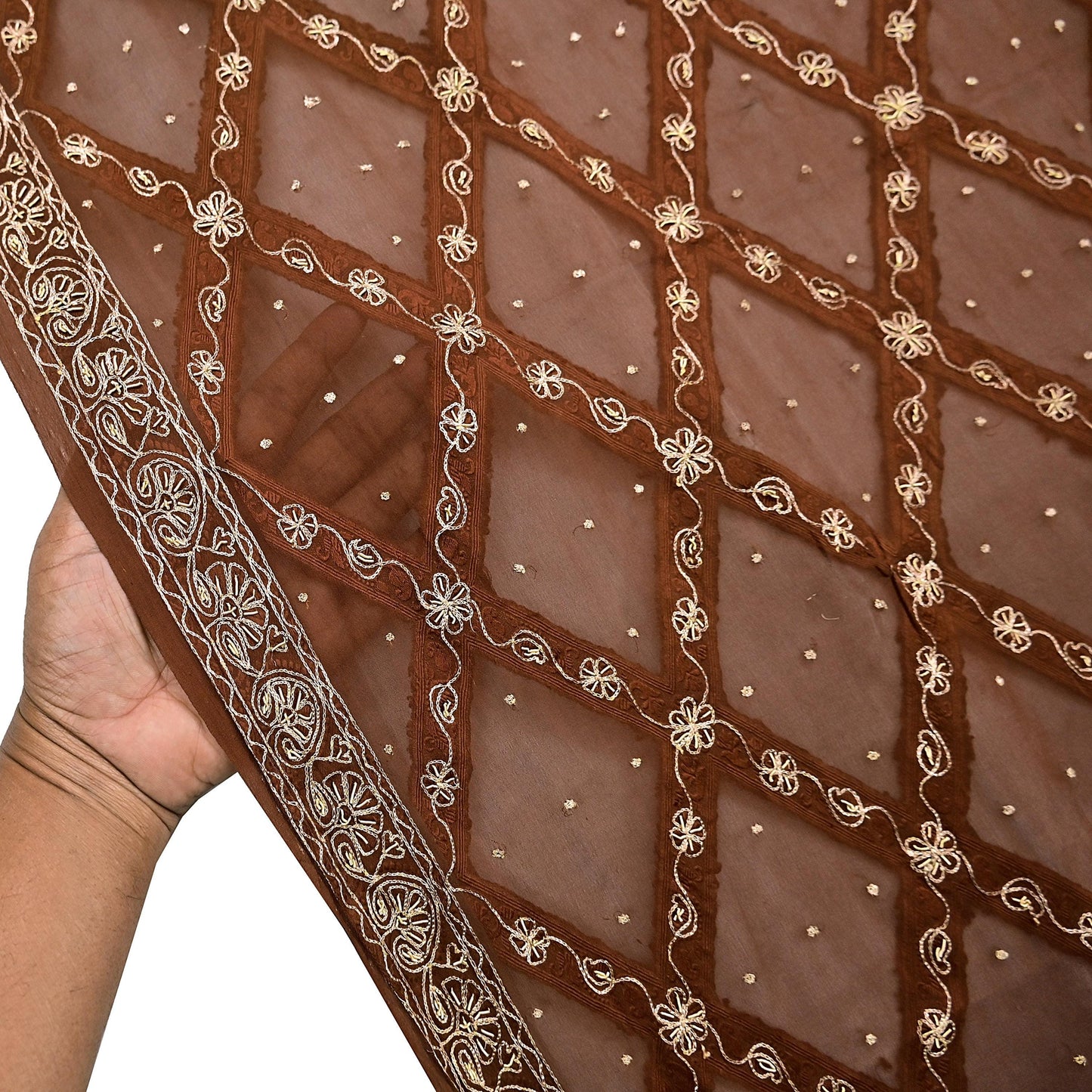 Indian Vintage Heavy Brown Dupatta Pure Chiffon silk Long Stole Hand Embroidered Scarves Floral Design Stole Veil Wrap Zari Zardozi