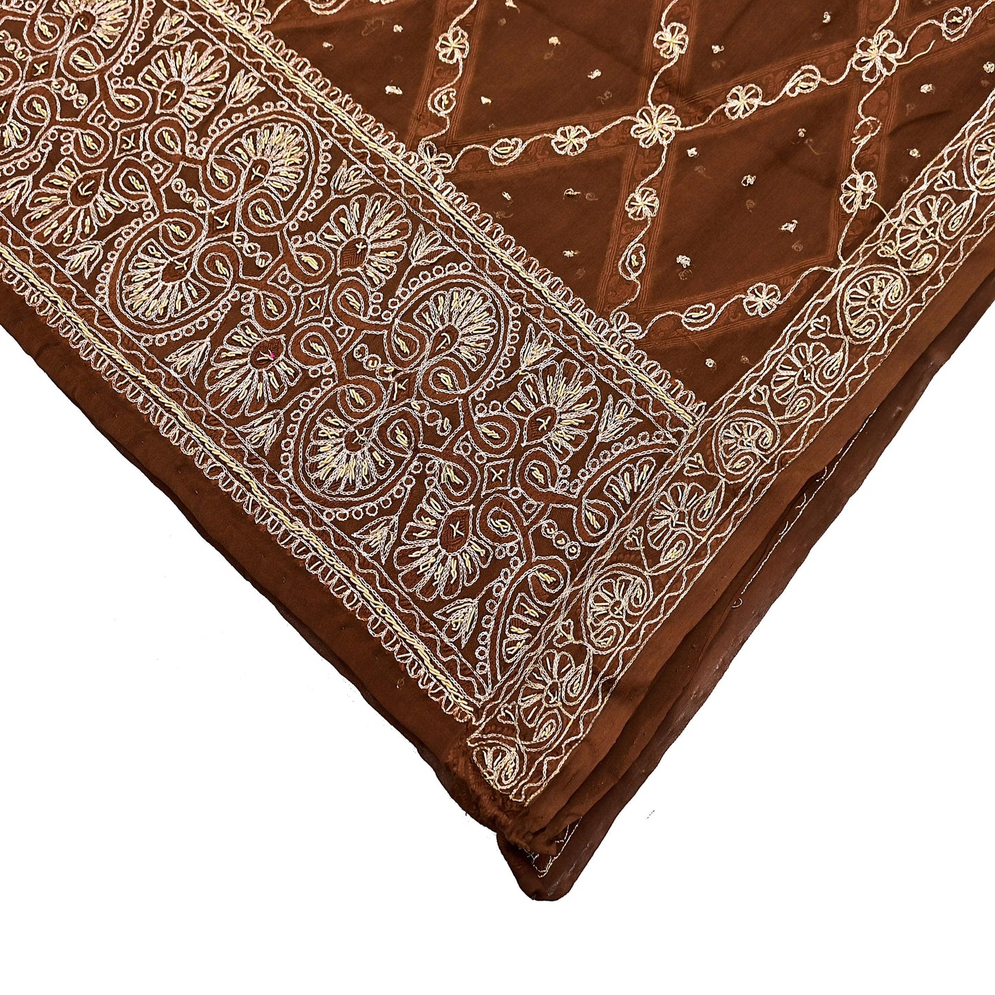 Indian Vintage Heavy Brown Dupatta Pure Chiffon silk Long Stole Hand Embroidered Scarves Floral Design Stole Veil Wrap Zari Zardozi