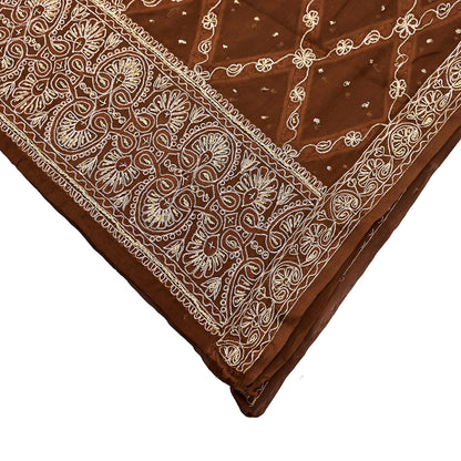 Indian Vintage Heavy Brown Dupatta Pure Chiffon silk Long Stole Hand Embroidered Scarves Floral Design Stole Veil Wrap Zari Zardozi