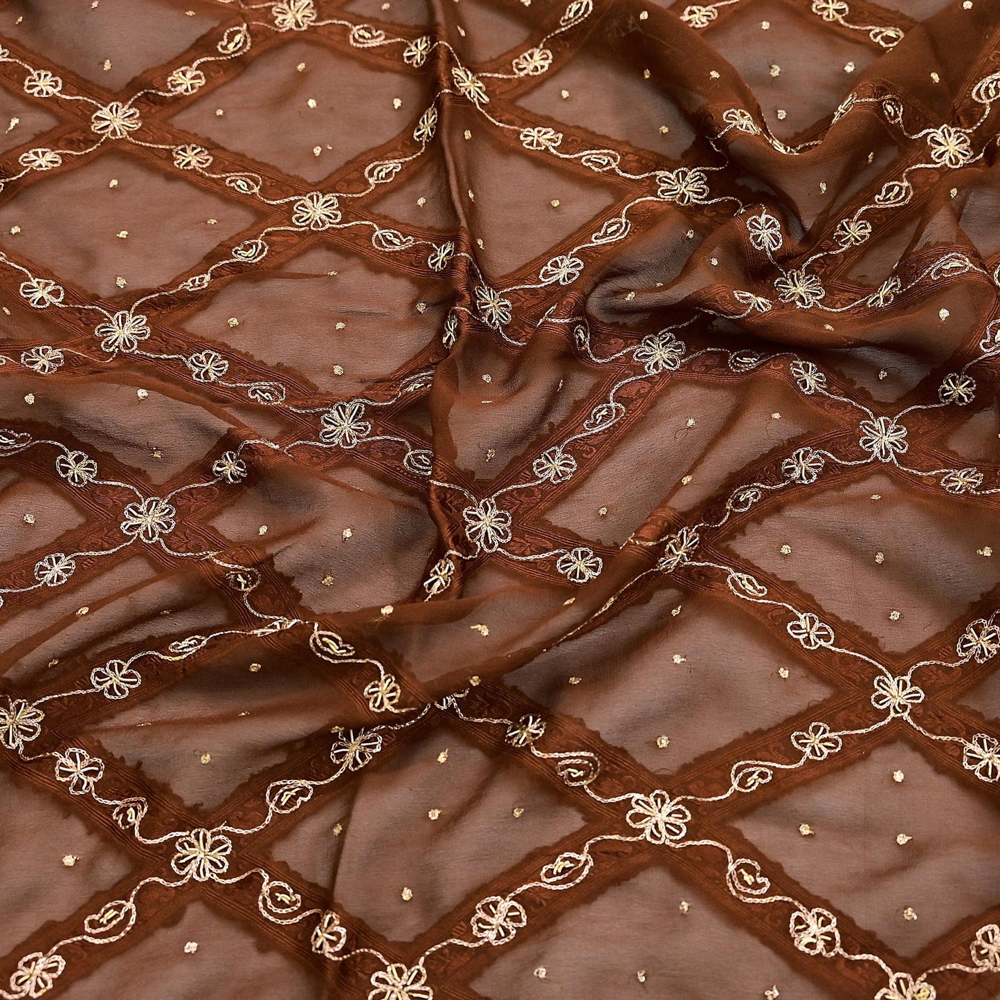 Indian Vintage Heavy Brown Dupatta Pure Chiffon silk Long Stole Hand Embroidered Scarves Floral Design Stole Veil Wrap Zari Zardozi