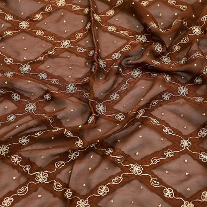 Indian Vintage Heavy Brown Dupatta Pure Chiffon silk Long Stole Hand Embroidered Scarves Floral Design Stole Veil Wrap Zari Zardozi