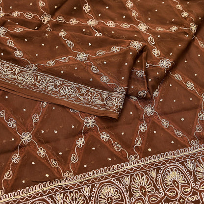 Indian Vintage Heavy Brown Dupatta Pure Chiffon silk Long Stole Hand Embroidered Scarves Floral Design Stole Veil Wrap Zari Zardozi