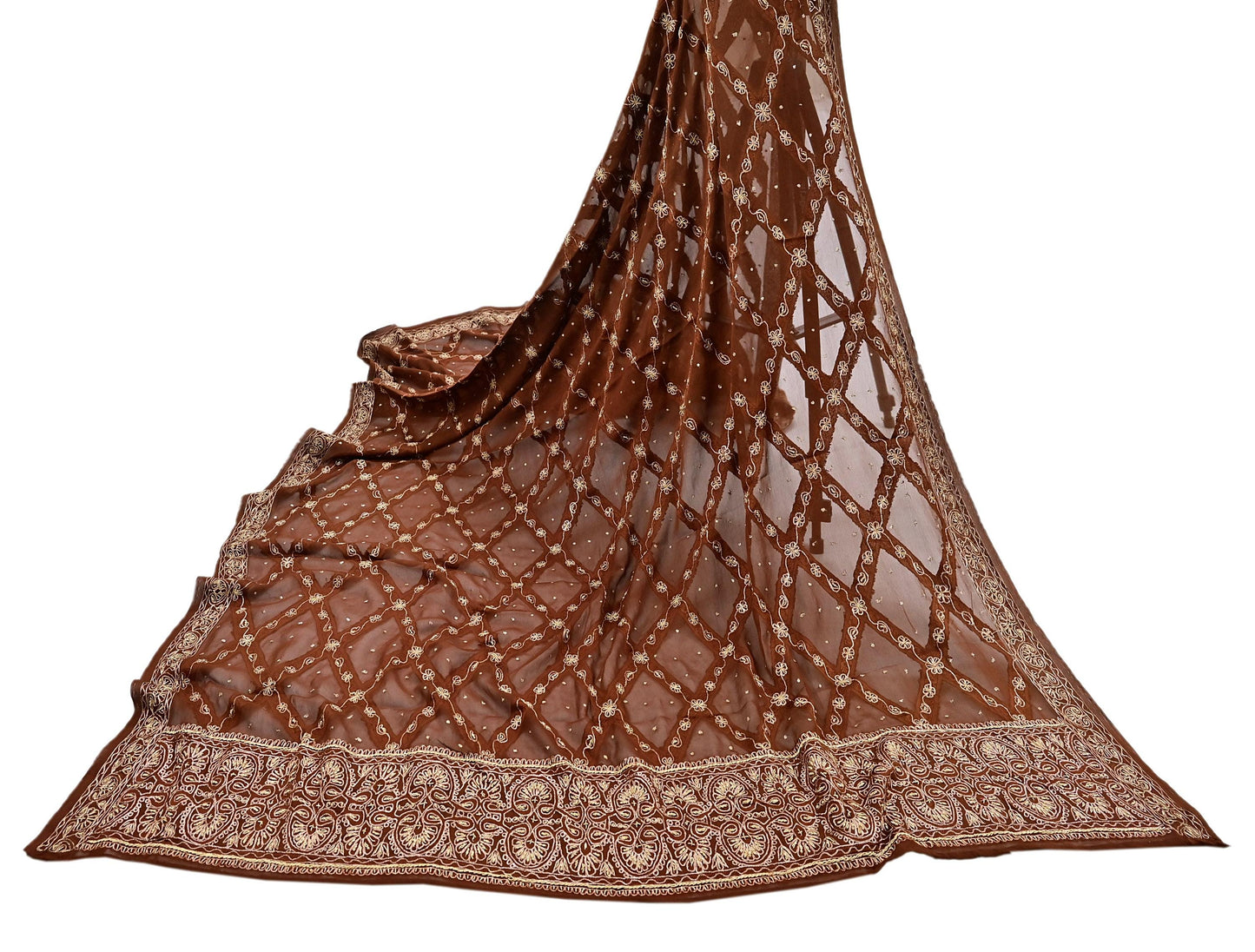 Indian Vintage Heavy Brown Dupatta Pure Chiffon silk Long Stole Hand Embroidered Scarves Floral Design Stole Veil Wrap Zari Zardozi