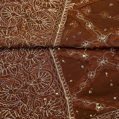 Indian Vintage Heavy Brown Dupatta Pure Chiffon silk Long Stole Hand Embroidered Scarves Floral Design Stole Veil Wrap Zari Zardozi