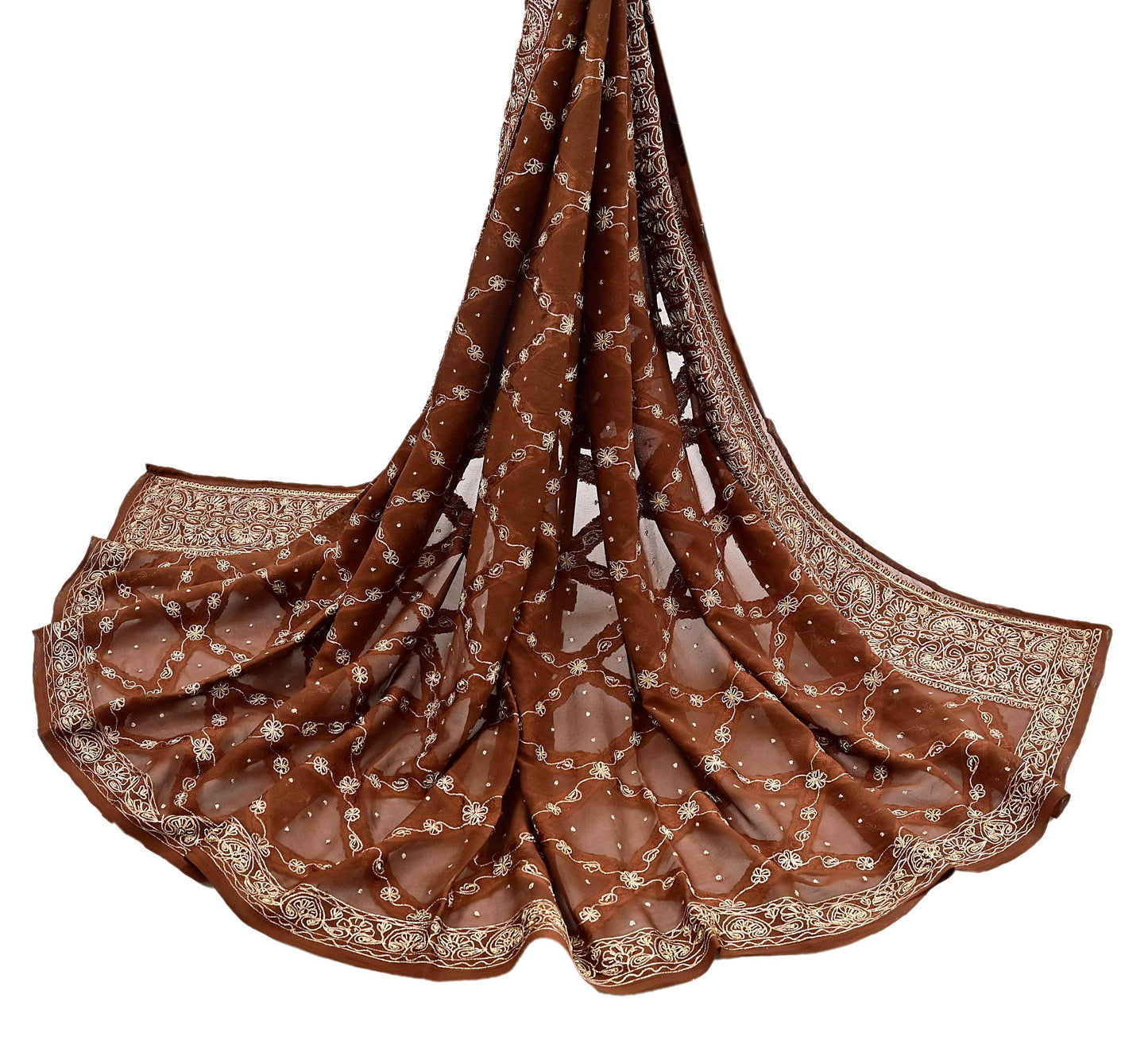 Indian Vintage Heavy Brown Dupatta Pure Chiffon silk Long Stole Hand Embroidered Scarves Floral Design Stole Veil Wrap Zari Zardozi