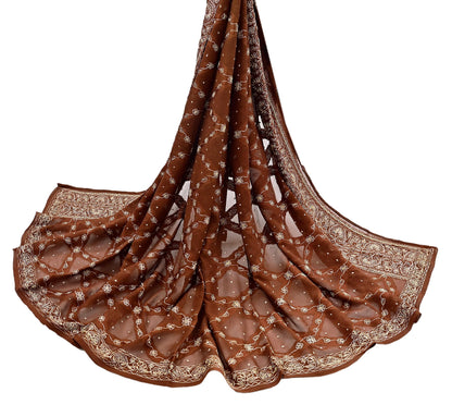 Indian Vintage Heavy Brown Dupatta Pure Chiffon silk Long Stole Hand Embroidered Scarves Floral Design Stole Veil Wrap Zari Zardozi