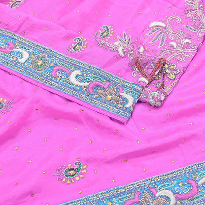 Indian Vintage Heavy Pink Dupatta Pure silk Long Stole Hand Embroidered Hijab Scarves Veil Wrap Zardozi Dabka