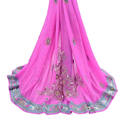 Indian Vintage Heavy Pink Dupatta Pure silk Long Stole Hand Embroidered Hijab Scarves Veil Wrap Zardozi Dabka
