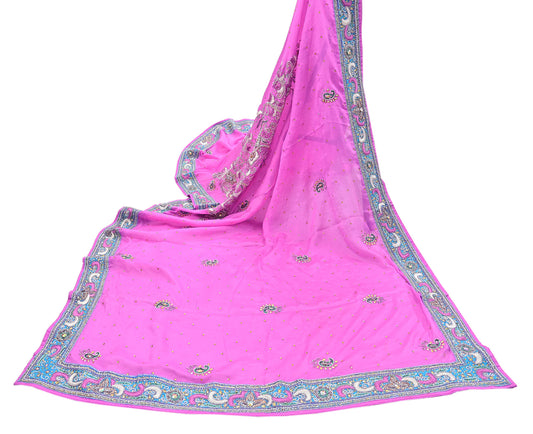 Indian Vintage Heavy Pink Dupatta Pure silk Long Stole Hand Embroidered Hijab Scarves Veil Wrap Zardozi Dabka