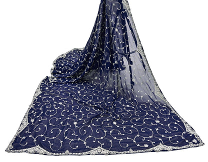 Indian Vintage Heavy Blue Dupatta Georgette Long Stole Hand Embroidered Scarf Zari Zardozi Wedding/ Bridal Veil Hijab