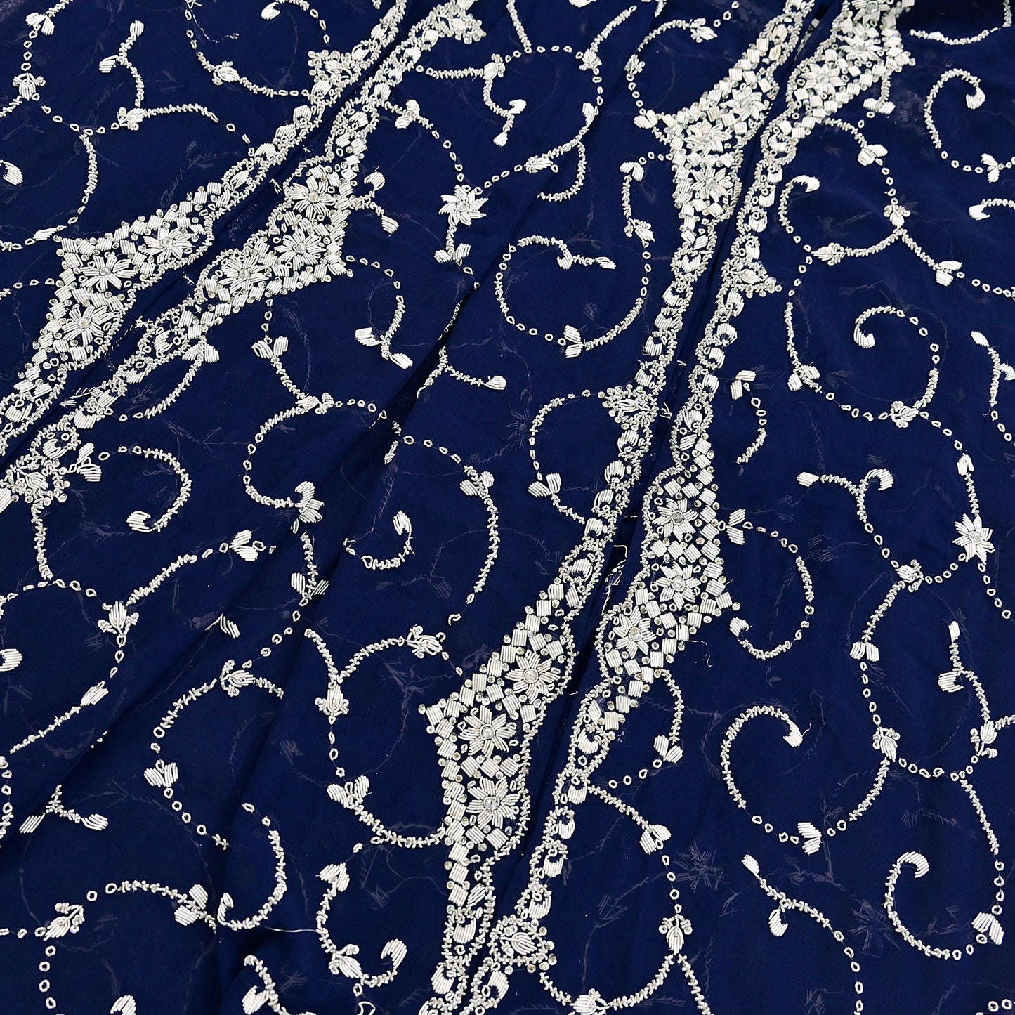 Indian Vintage Heavy Blue Dupatta Georgette Long Stole Hand Embroidered Scarf Zari Zardozi Wedding/ Bridal Veil Hijab