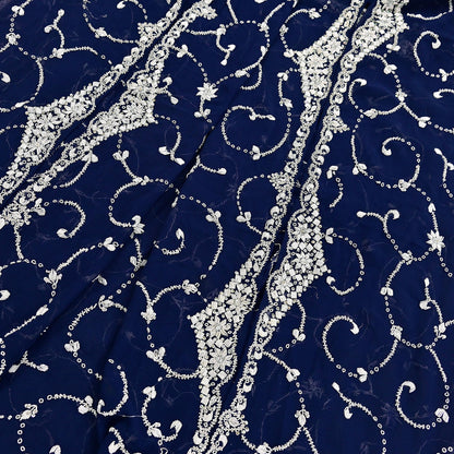 Indian Vintage Heavy Blue Dupatta Georgette Long Stole Hand Embroidered Scarf Zari Zardozi Wedding/ Bridal Veil Hijab