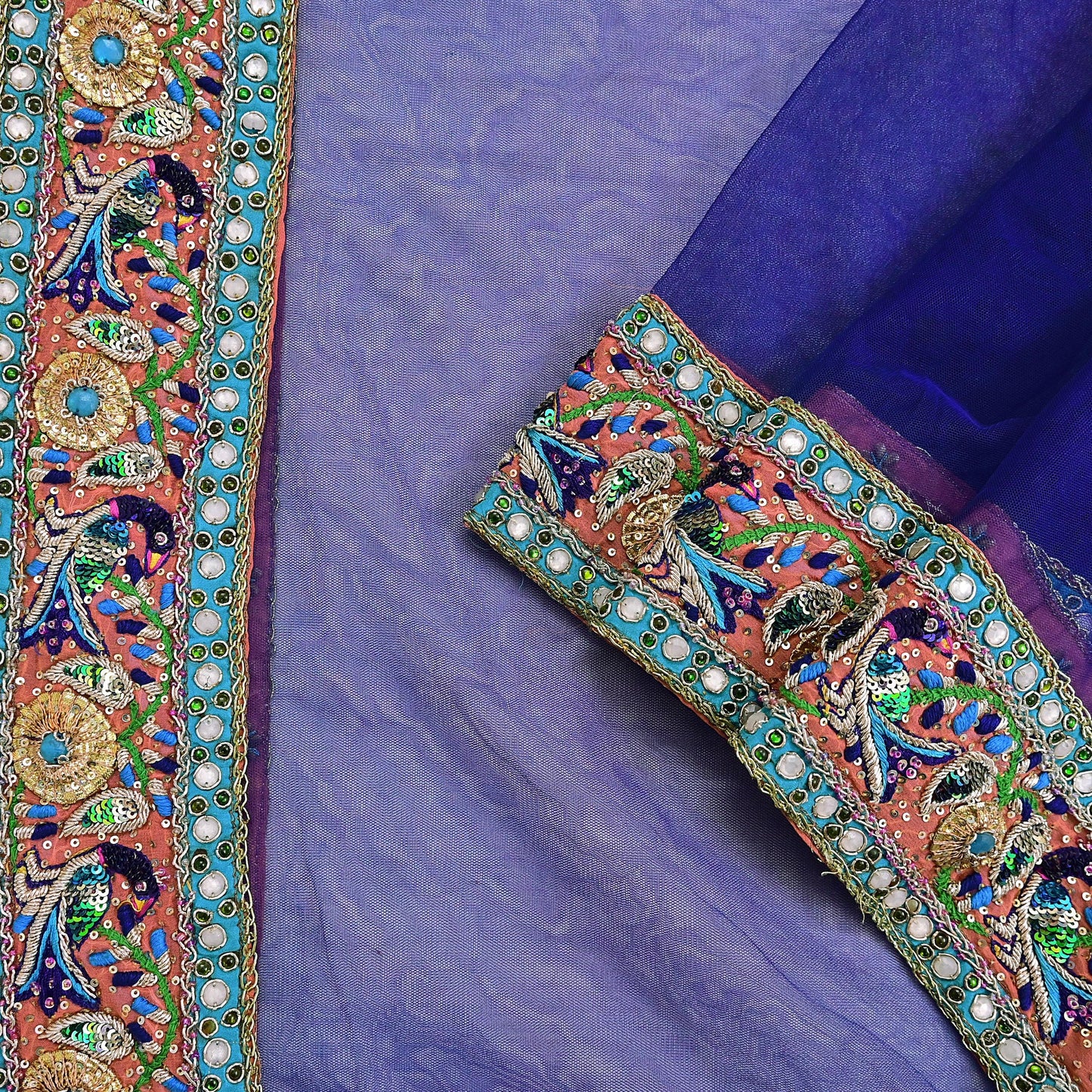 Indian Vintage Heavy Blue Dupatta Net Mesh Long Stole Hand Embroidered Scarves Golden Zardozi Dabka Zari Stole Bridal wedding veil