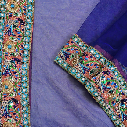 Indian Vintage Heavy Blue Dupatta Net Mesh Long Stole Hand Embroidered Scarves Golden Zardozi Dabka Zari Stole Bridal wedding veil