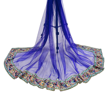 Indian Vintage Heavy Blue Dupatta Net Mesh Long Stole Hand Embroidered Scarves Golden Zardozi Dabka Zari Stole Bridal wedding veil