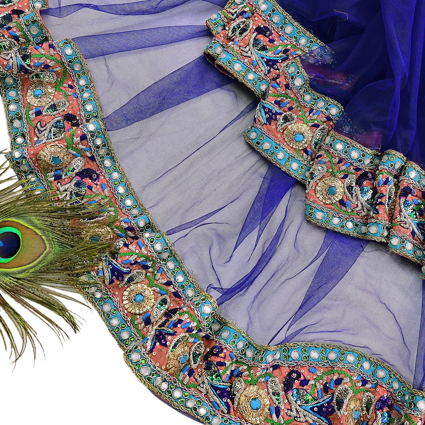 Indian Vintage Heavy Blue Dupatta Net Mesh Long Stole Hand Embroidered Scarves Golden Zardozi Dabka Zari Stole Bridal wedding veil