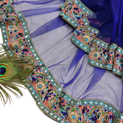 Indian Vintage Heavy Blue Dupatta Net Mesh Long Stole Hand Embroidered Scarves Golden Zardozi Dabka Zari Stole Bridal wedding veil