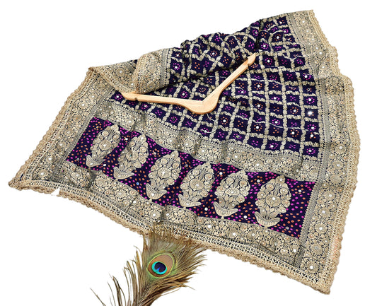 Indian Vintage Heavy Bridal Blue Dupatta Georgette Long Stole Hand Embroidered Bandhani Scarves Wedding/Party Wear