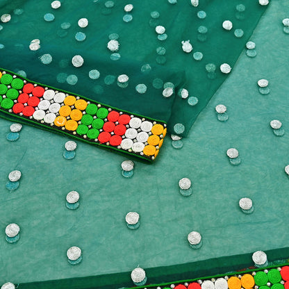 Indian Vintage Green Dupatta Net Mesh Long Stole Hand Embroidered Scarves Zari Sequins Stole