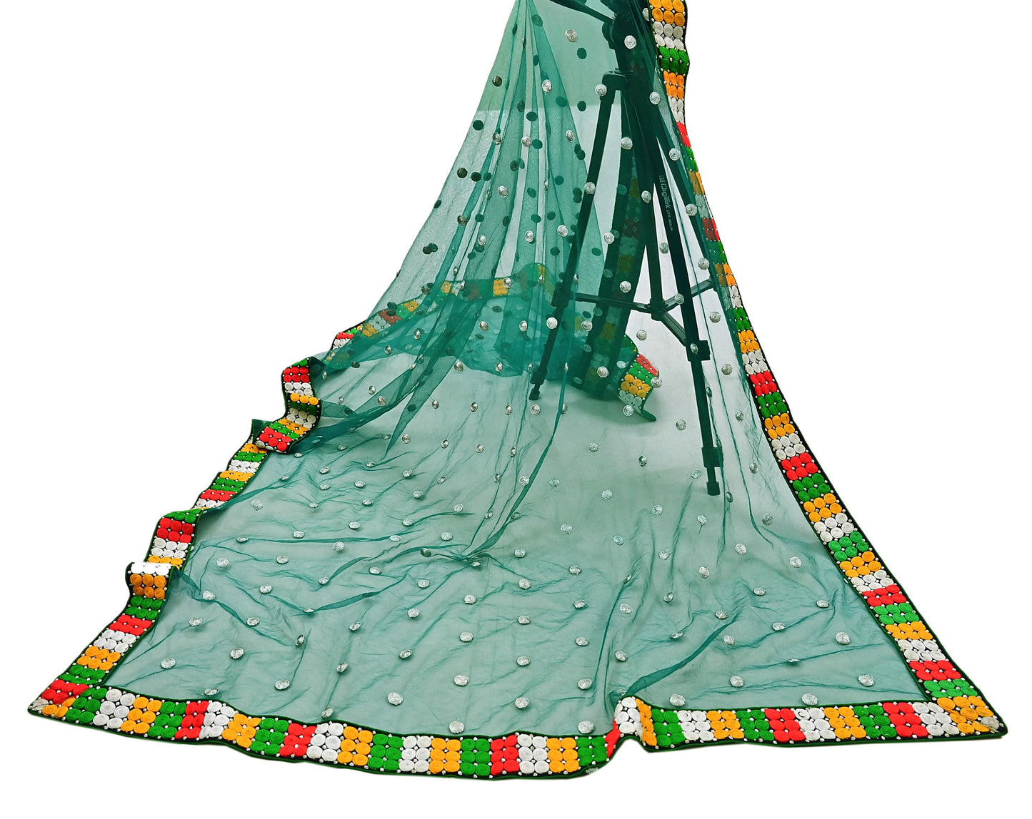 Indian Vintage Green Dupatta Net Mesh Long Stole Hand Embroidered Scarves Zari Sequins Stole