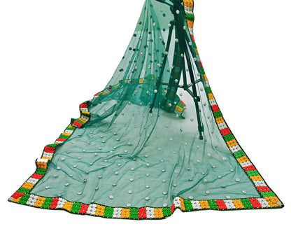 Indian Vintage Green Dupatta Net Mesh Long Stole Hand Embroidered Scarves Zari Sequins Stole