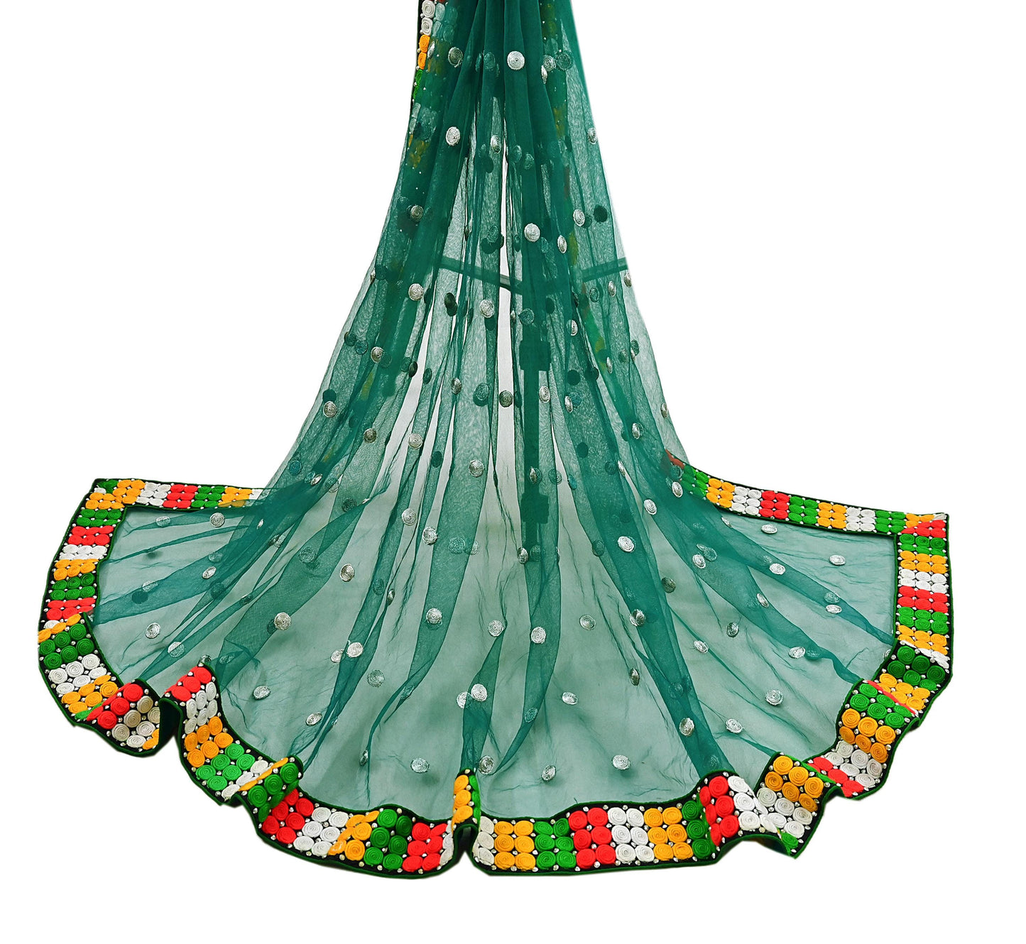 Indian Vintage Green Dupatta Net Mesh Long Stole Hand Embroidered Scarves Zari Sequins Stole