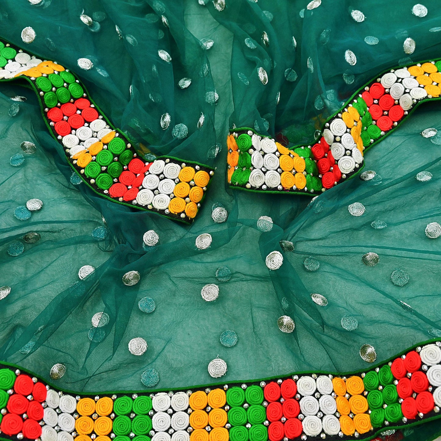 Indian Vintage Green Dupatta Net Mesh Long Stole Hand Embroidered Scarves Zari Sequins Stole